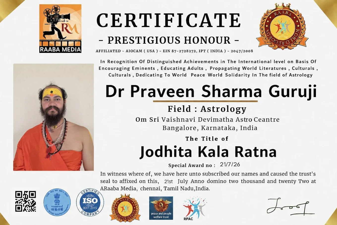Dr. Praveen Sharma Guruji at Om Sri Vaishnavi Devimatha Astro Centre – Famous Astrologer in Bangalore